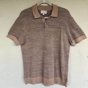 Hickey Freeman Polo Shirt M Taupe Textured Rib Knit Casual Golf Resort Preppy